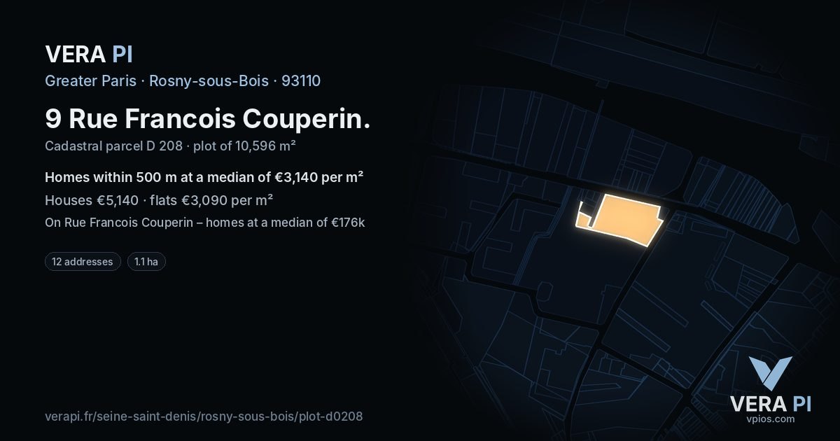 9 Rue Francois Couperin, Rosny-sous-Bois at night – the plot lit, the parcels around coloured by the prices near them