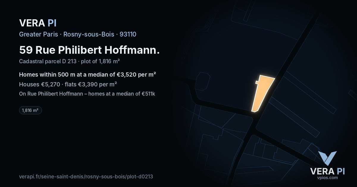 59 Rue Philibert Hoffmann, Rosny-sous-Bois at night – the plot lit, the parcels around coloured by the prices near them
