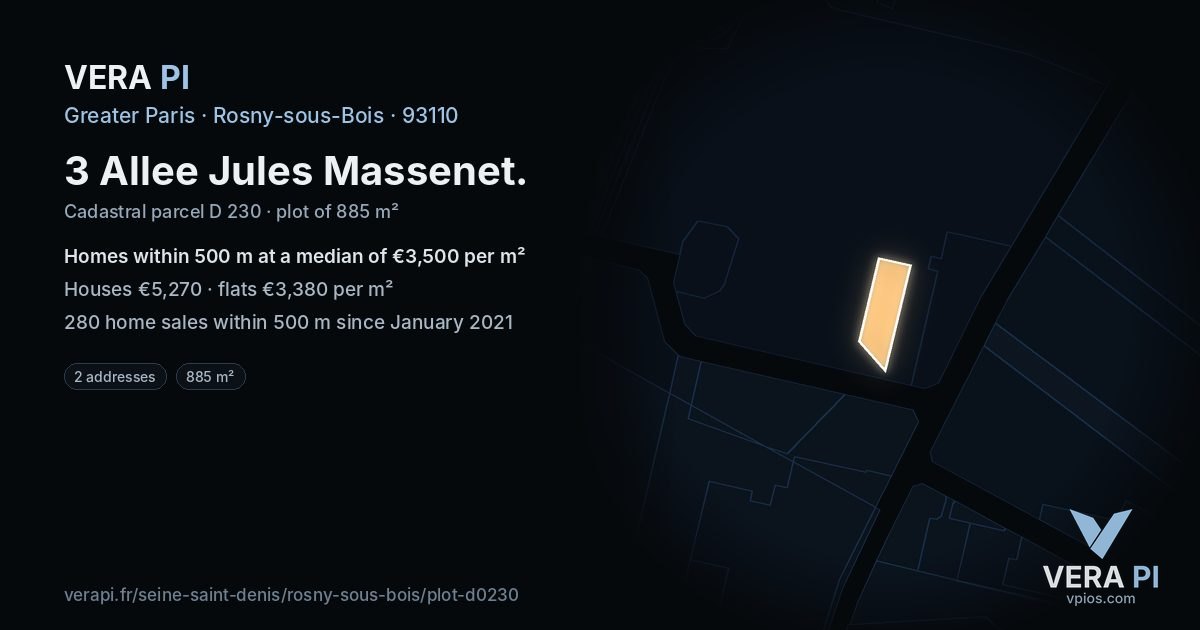3 Allee Jules Massenet, Rosny-sous-Bois at night – the plot lit, the parcels around coloured by the prices near them