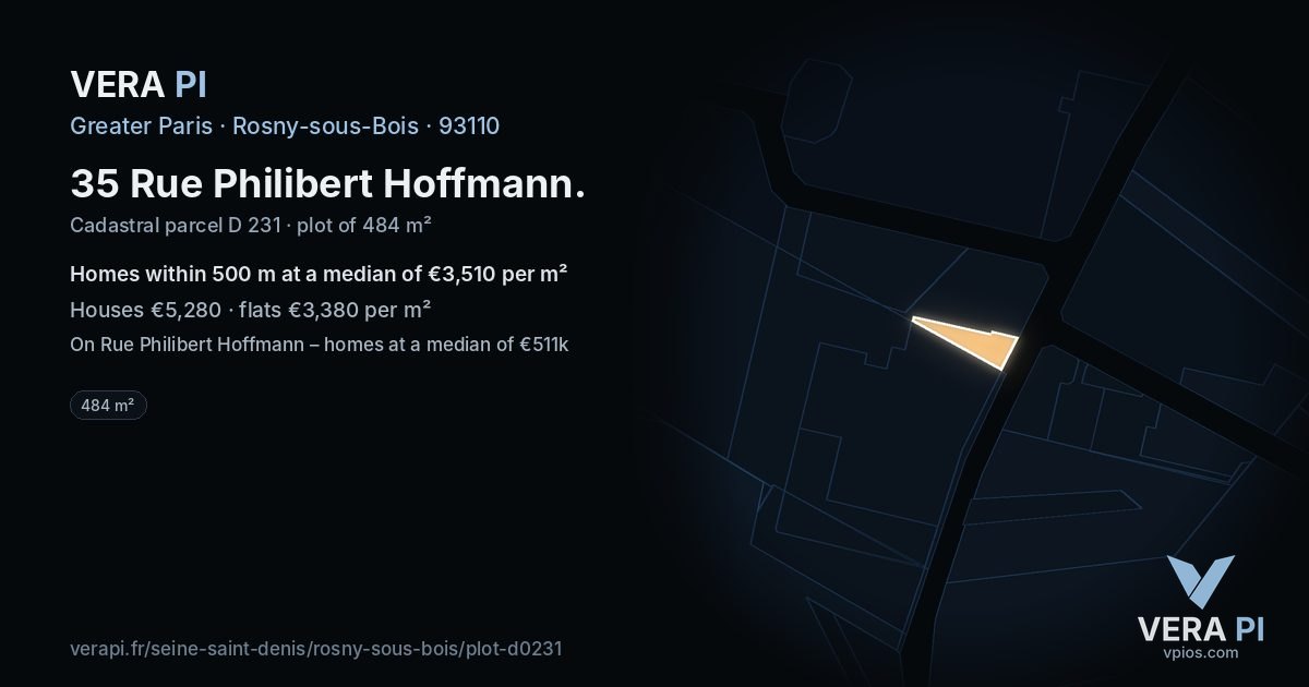 35 Rue Philibert Hoffmann, Rosny-sous-Bois at night – the plot lit, the parcels around coloured by the prices near them