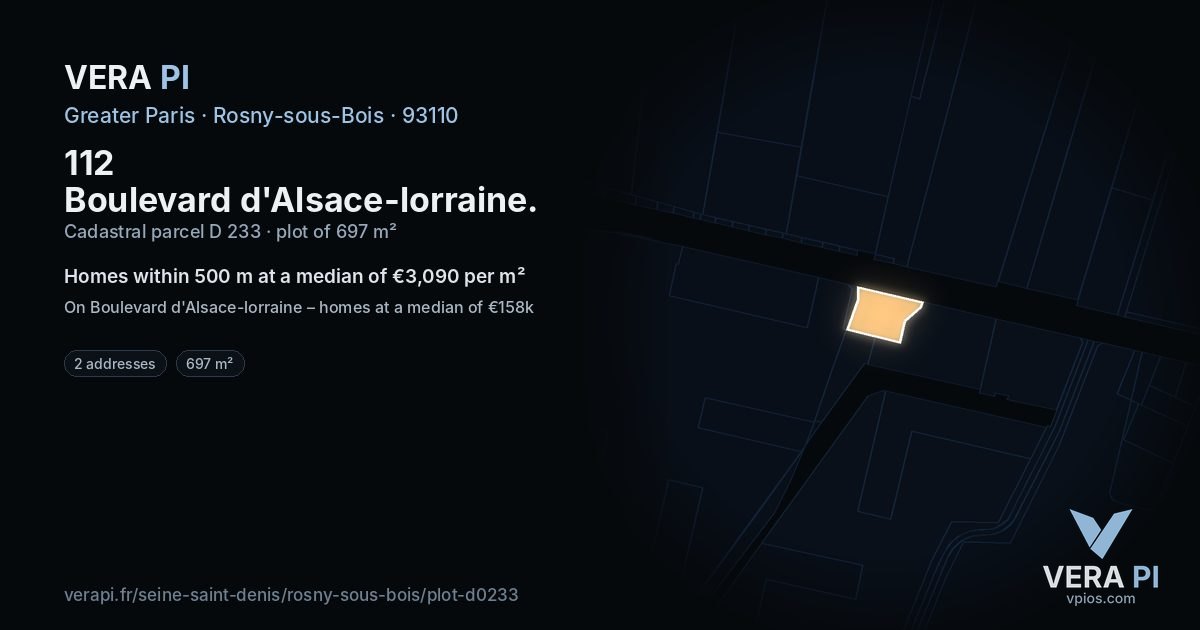 112 Boulevard d'Alsace-lorraine, Rosny-sous-Bois at night – the plot lit, the parcels around coloured by the prices near them