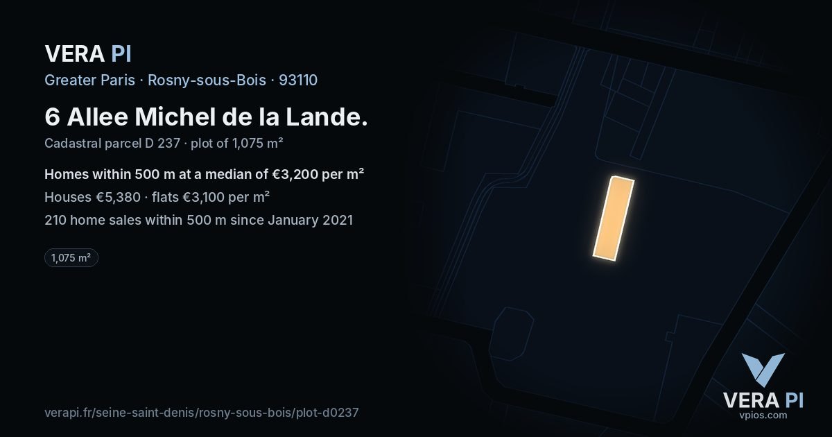 6 Allee Michel de la Lande, Rosny-sous-Bois at night – the plot lit, the parcels around coloured by the prices near them