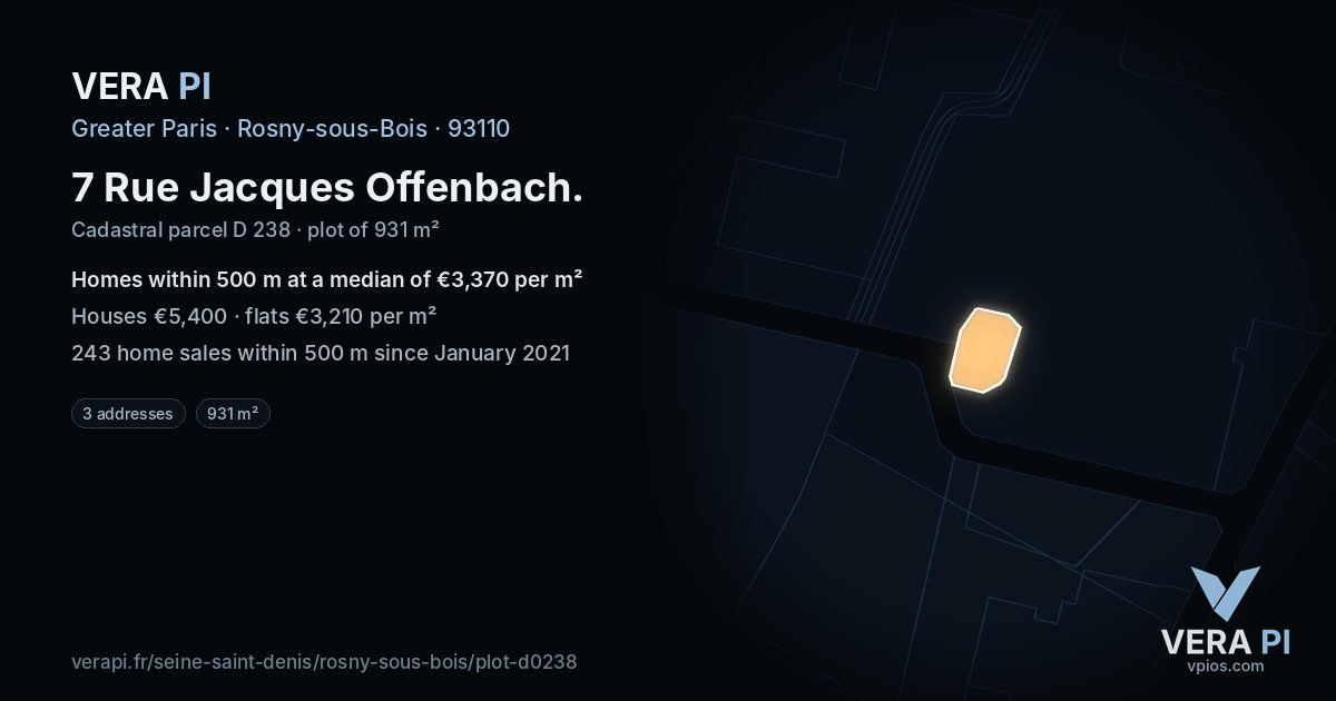 7 Rue Jacques Offenbach, Rosny-sous-Bois at night – the plot lit, the parcels around coloured by the prices near them