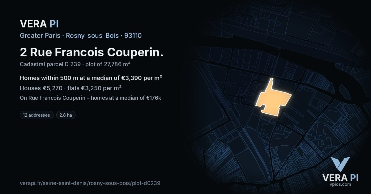 2 Rue Francois Couperin, Rosny-sous-Bois at night – the plot lit, the parcels around coloured by the prices near them