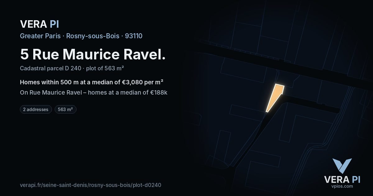 5 Rue Maurice Ravel, Rosny-sous-Bois at night – the plot lit, the parcels around coloured by the prices near them