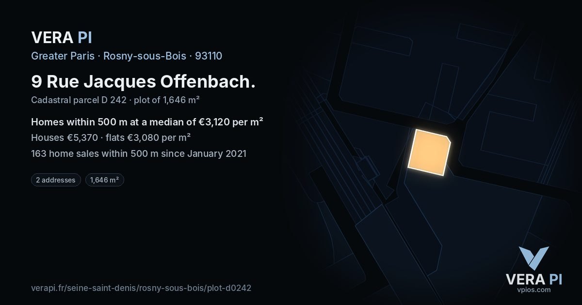 9 Rue Jacques Offenbach, Rosny-sous-Bois at night – the plot lit, the parcels around coloured by the prices near them
