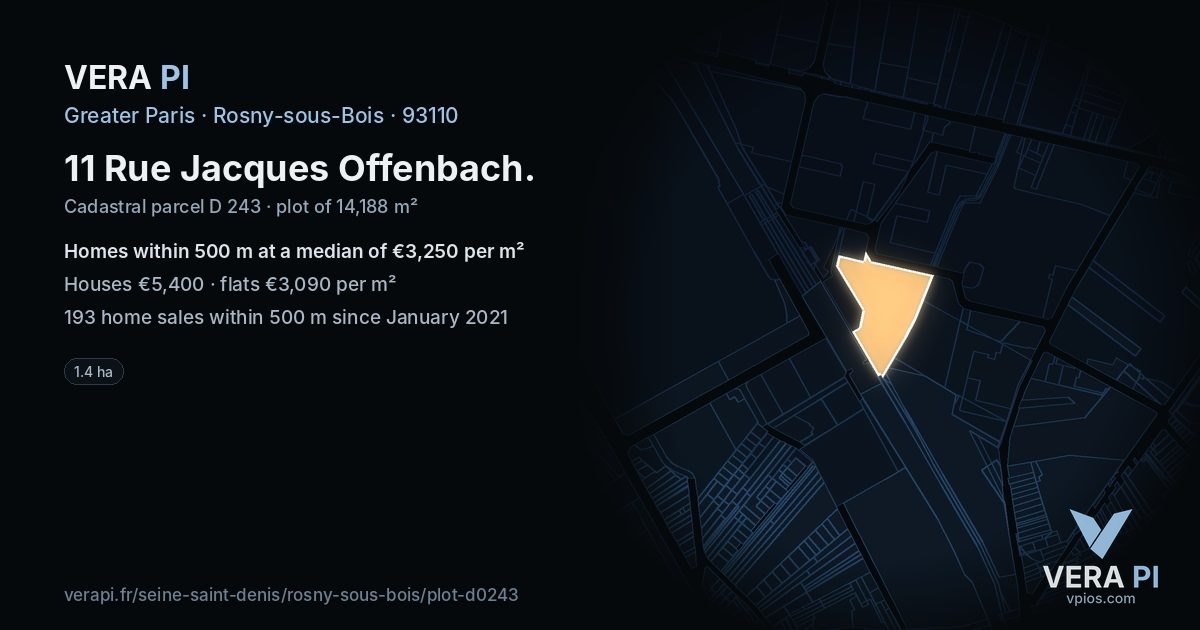 11 Rue Jacques Offenbach, Rosny-sous-Bois at night – the plot lit, the parcels around coloured by the prices near them