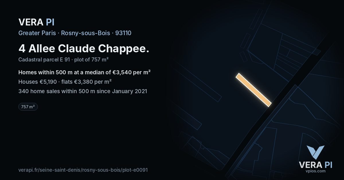 4 Allee Claude Chappee, Rosny-sous-Bois at night – the plot lit, the parcels around coloured by the prices near them