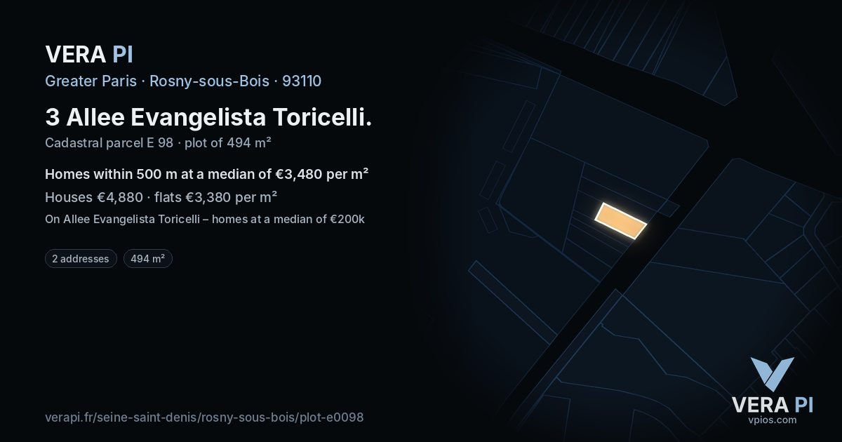 3 Allee Evangelista Toricelli, Rosny-sous-Bois at night – the plot lit, the parcels around coloured by the prices near them