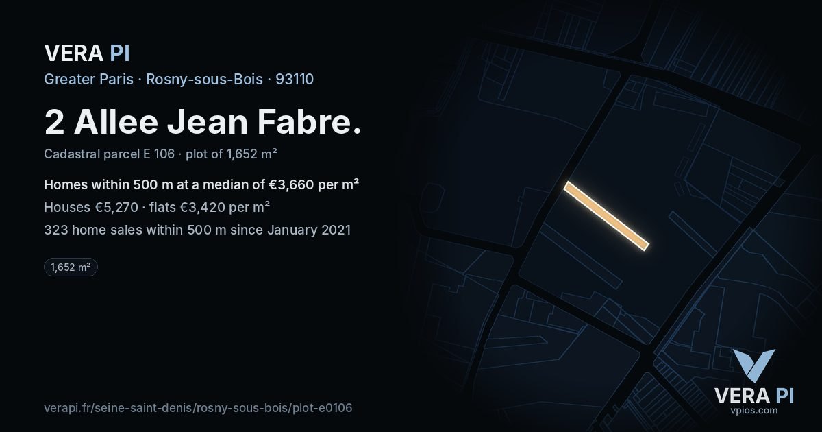 2 Allee Jean Fabre, Rosny-sous-Bois at night – the plot lit, the parcels around coloured by the prices near them