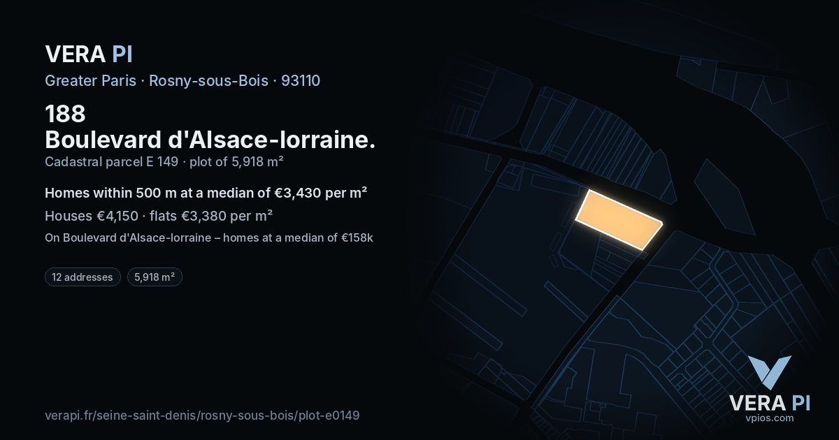 188 Boulevard d'Alsace-lorraine, Rosny-sous-Bois at night – the plot lit, the parcels around coloured by the prices near them