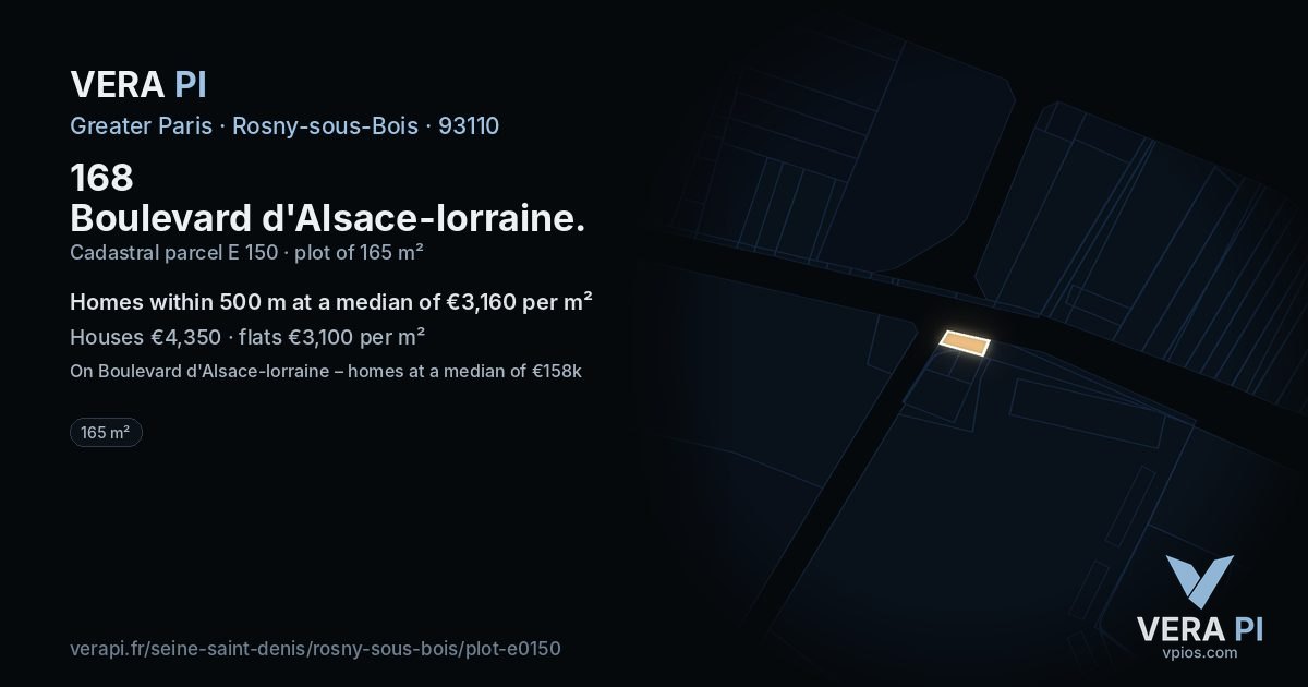 168 Boulevard d'Alsace-lorraine, Rosny-sous-Bois at night – the plot lit, the parcels around coloured by the prices near them