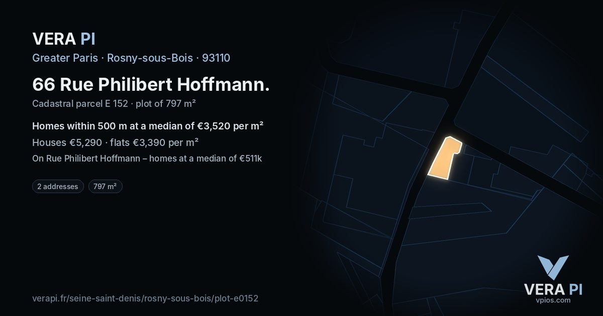 66 Rue Philibert Hoffmann, Rosny-sous-Bois at night – the plot lit, the parcels around coloured by the prices near them
