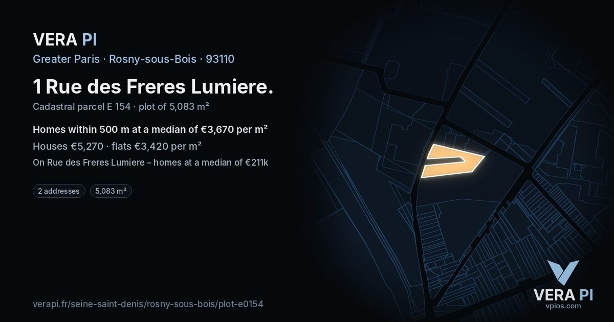 1 Rue des Freres Lumiere, Rosny-sous-Bois at night – the plot lit, the parcels around coloured by the prices near them