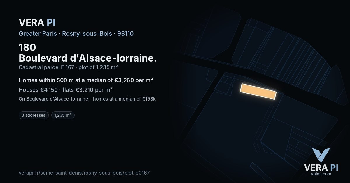 180 Boulevard d'Alsace-lorraine, Rosny-sous-Bois at night – the plot lit, the parcels around coloured by the prices near them