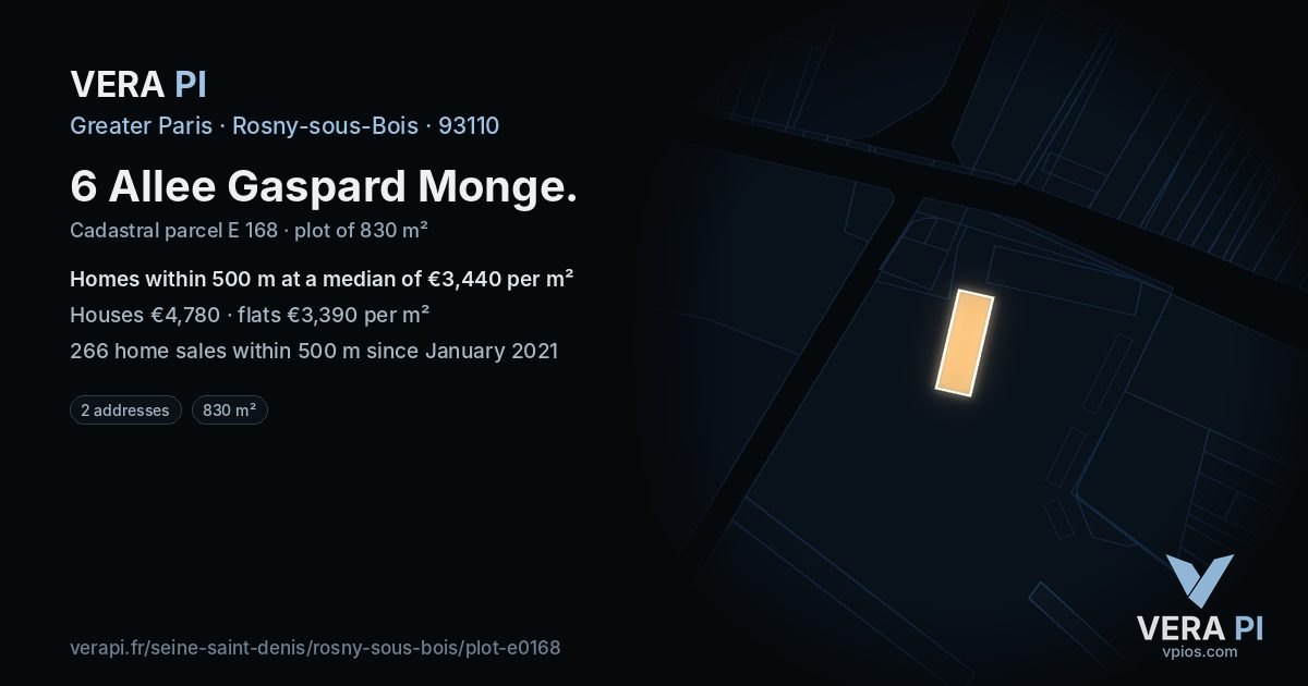 6 Allee Gaspard Monge, Rosny-sous-Bois at night – the plot lit, the parcels around coloured by the prices near them