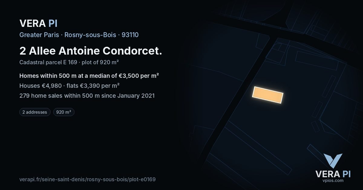 2 Allee Antoine Condorcet, Rosny-sous-Bois at night – the plot lit, the parcels around coloured by the prices near them