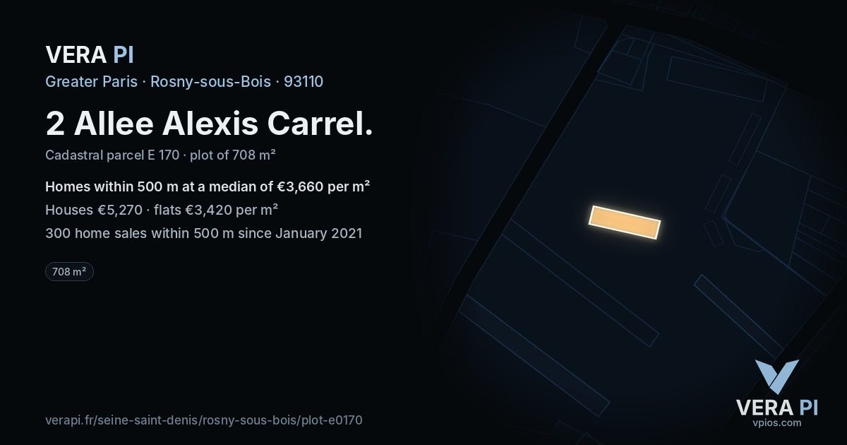 2 Allee Alexis Carrel, Rosny-sous-Bois at night – the plot lit, the parcels around coloured by the prices near them