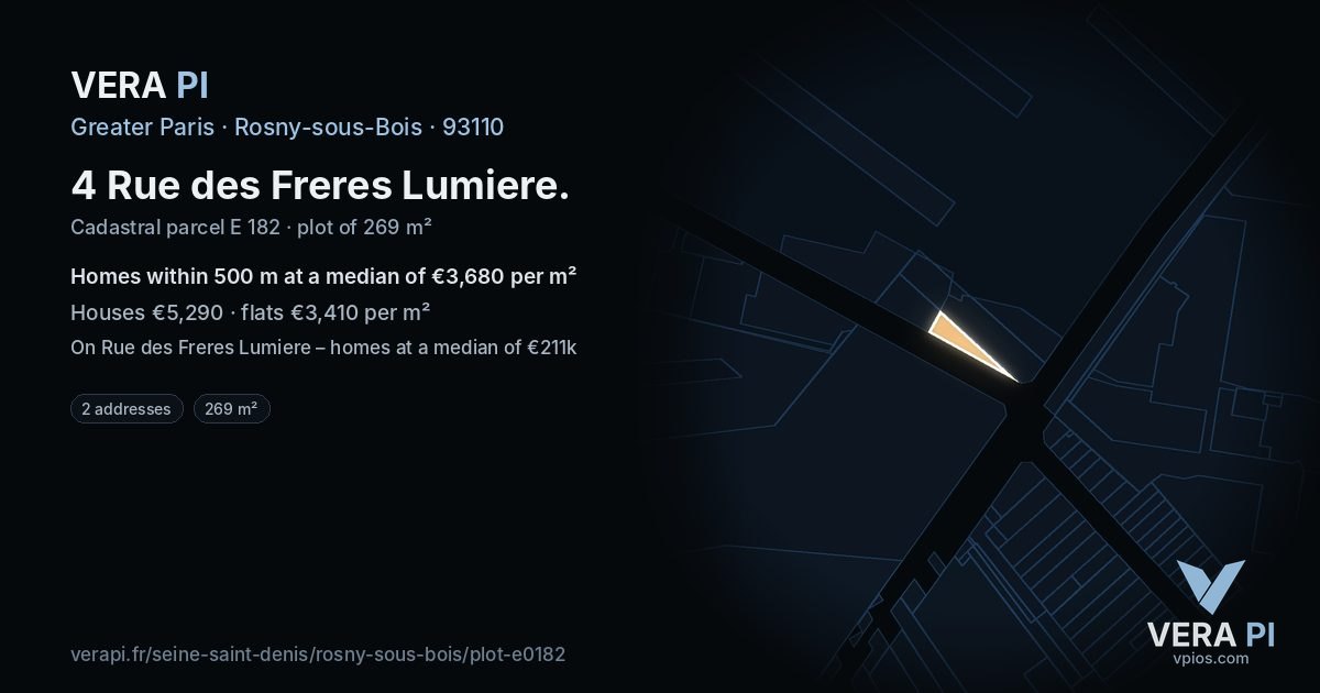 4 Rue des Freres Lumiere, Rosny-sous-Bois at night – the plot lit, the parcels around coloured by the prices near them