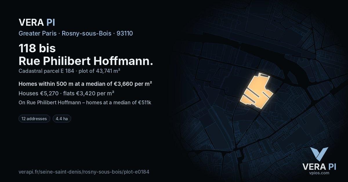 118 bis Rue Philibert Hoffmann, Rosny-sous-Bois at night – the plot lit, the parcels around coloured by the prices near them