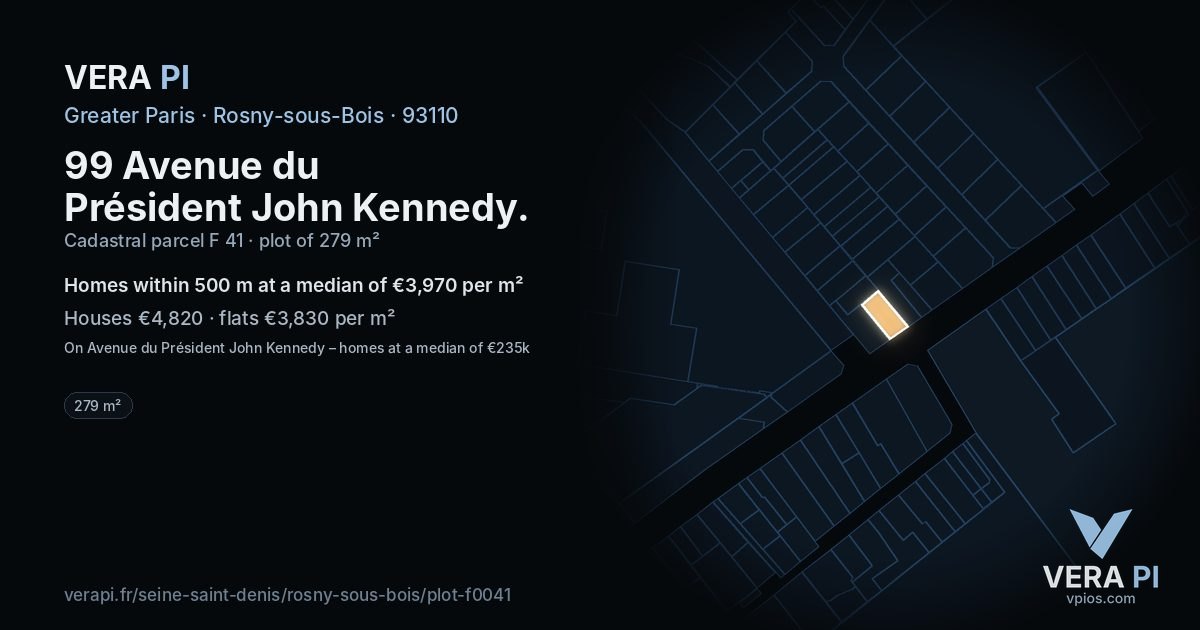 99 Avenue du Président John Kennedy, Rosny-sous-Bois at night – the plot lit, the parcels around coloured by the prices near them