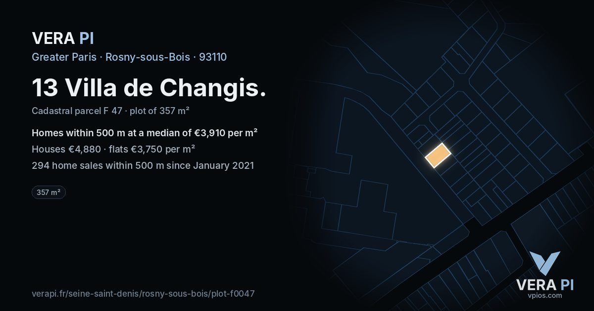 13 Villa de Changis, Rosny-sous-Bois at night – the plot lit, the parcels around coloured by the prices near them