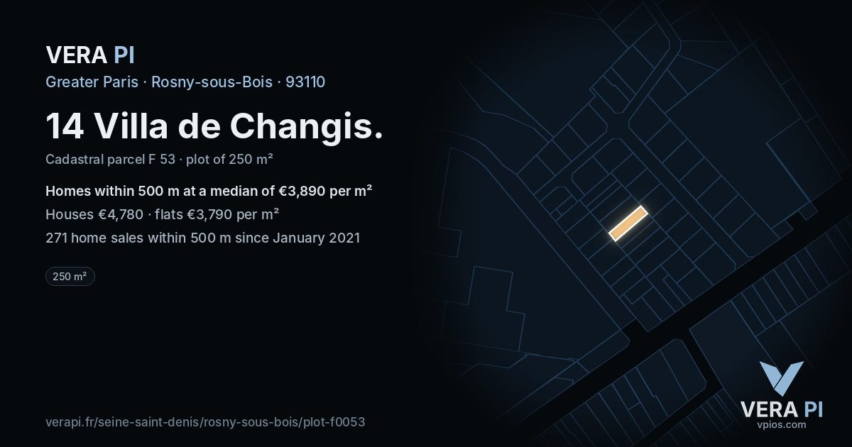 14 Villa de Changis, Rosny-sous-Bois at night – the plot lit, the parcels around coloured by the prices near them