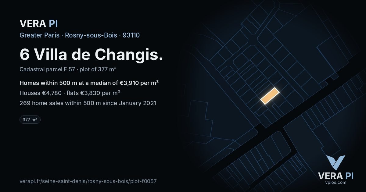 6 Villa de Changis, Rosny-sous-Bois at night – the plot lit, the parcels around coloured by the prices near them