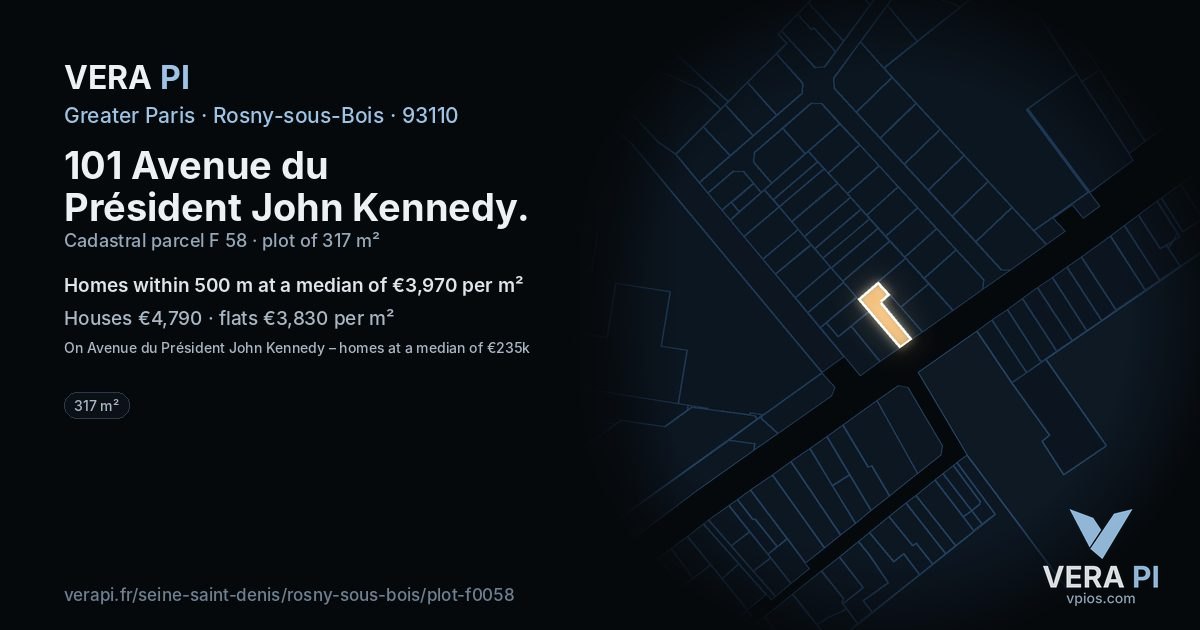 101 Avenue du Président John Kennedy, Rosny-sous-Bois at night – the plot lit, the parcels around coloured by the prices near them