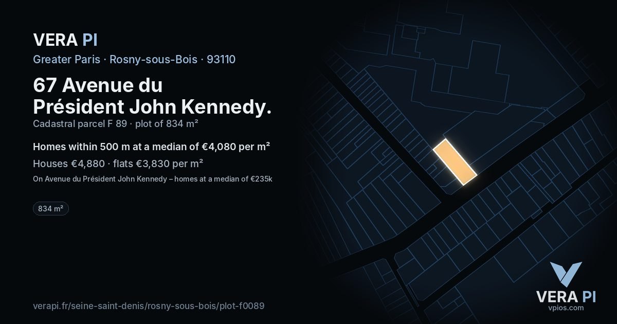 67 Avenue du Président John Kennedy, Rosny-sous-Bois at night – the plot lit, the parcels around coloured by the prices near them