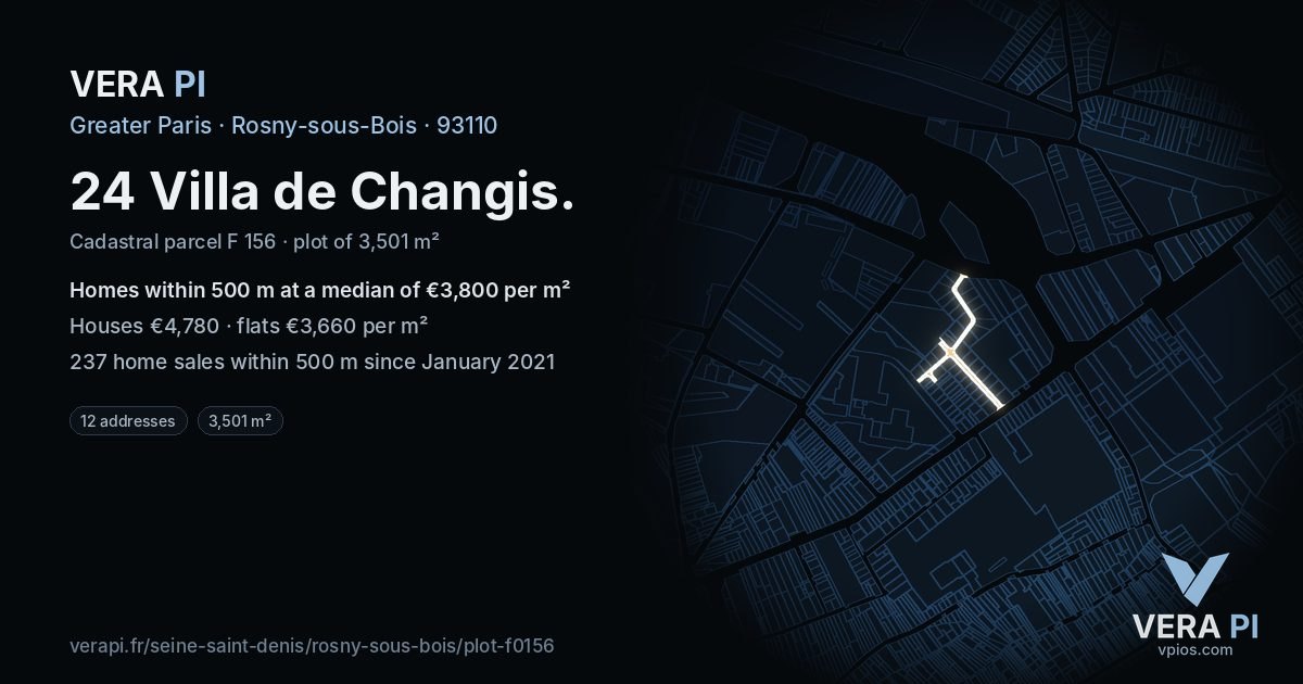 24 Villa de Changis, Rosny-sous-Bois at night – the plot lit, the parcels around coloured by the prices near them