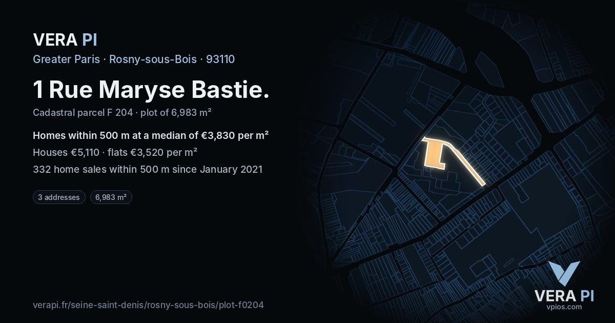 1 Rue Maryse Bastie, Rosny-sous-Bois at night – the plot lit, the parcels around coloured by the prices near them