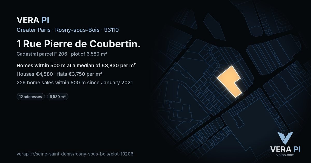 1 Rue Pierre de Coubertin, Rosny-sous-Bois at night – the plot lit, the parcels around coloured by the prices near them
