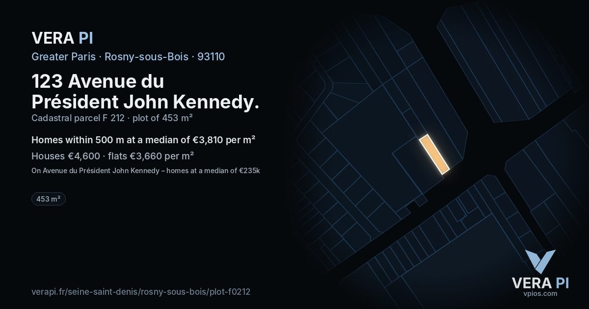 123 Avenue du Président John Kennedy, Rosny-sous-Bois at night – the plot lit, the parcels around coloured by the prices near them