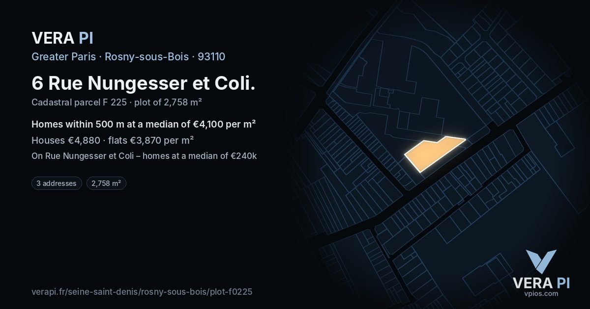 6 Rue Nungesser et Coli, Rosny-sous-Bois at night – the plot lit, the parcels around coloured by the prices near them
