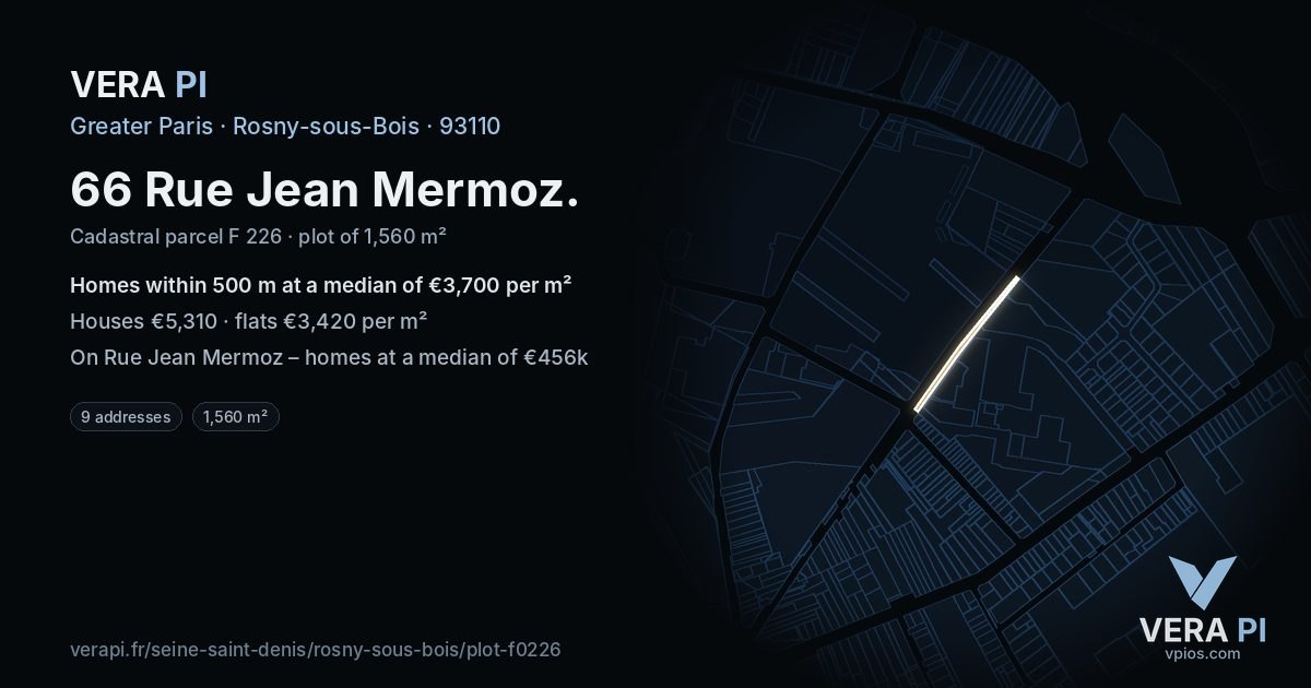 66 Rue Jean Mermoz, Rosny-sous-Bois at night – the plot lit, the parcels around coloured by the prices near them