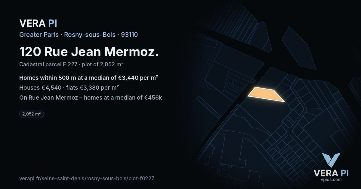 120 Rue Jean Mermoz, Rosny-sous-Bois at night – the plot lit, the parcels around coloured by the prices near them