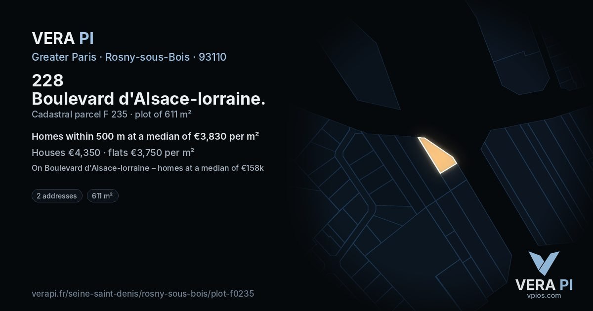 228 Boulevard d'Alsace-lorraine, Rosny-sous-Bois at night – the plot lit, the parcels around coloured by the prices near them