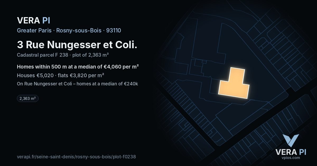 3 Rue Nungesser et Coli, Rosny-sous-Bois at night – the plot lit, the parcels around coloured by the prices near them