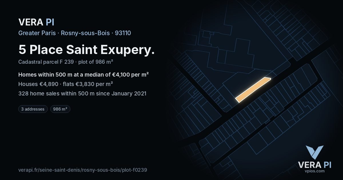 5 Place Saint Exupery, Rosny-sous-Bois at night – the plot lit, the parcels around coloured by the prices near them