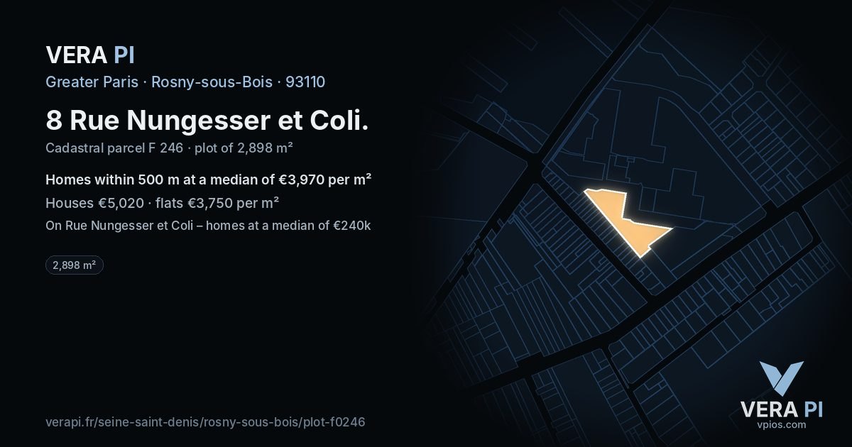 8 Rue Nungesser et Coli, Rosny-sous-Bois at night – the plot lit, the parcels around coloured by the prices near them