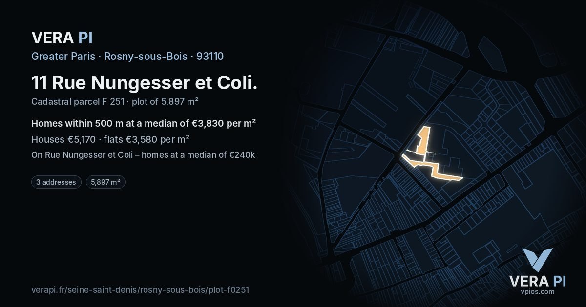 11 Rue Nungesser et Coli, Rosny-sous-Bois at night – the plot lit, the parcels around coloured by the prices near them