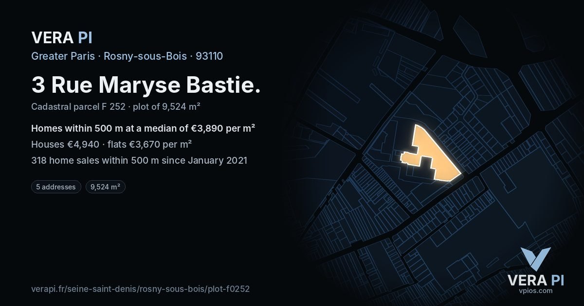3 Rue Maryse Bastie, Rosny-sous-Bois at night – the plot lit, the parcels around coloured by the prices near them