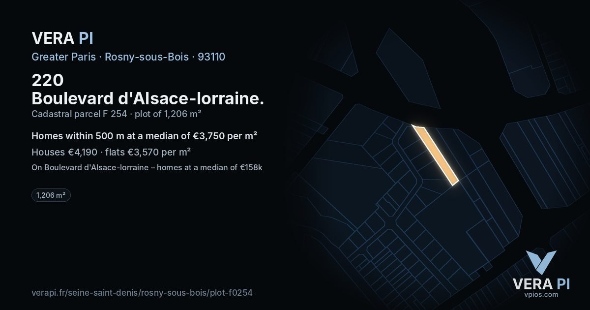 220 Boulevard d'Alsace-lorraine, Rosny-sous-Bois at night – the plot lit, the parcels around coloured by the prices near them
