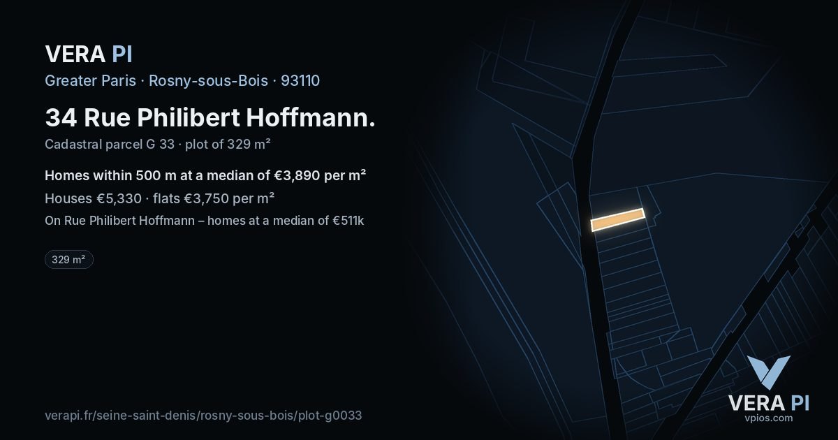 34 Rue Philibert Hoffmann, Rosny-sous-Bois at night – the plot lit, the parcels around coloured by the prices near them