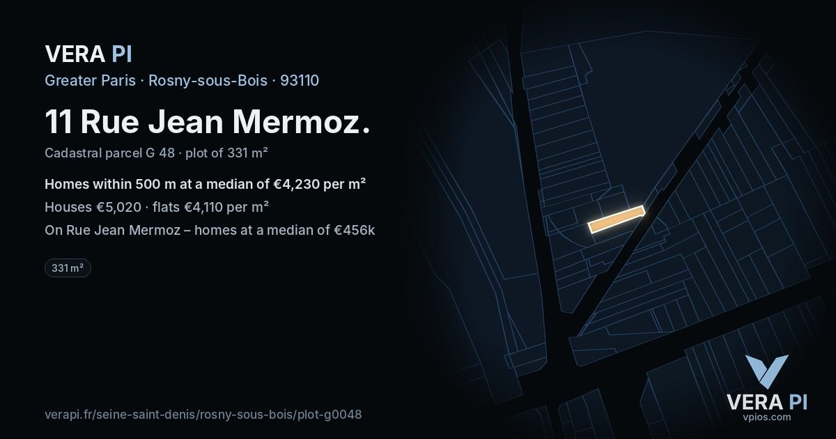11 Rue Jean Mermoz, Rosny-sous-Bois at night – the plot lit, the parcels around coloured by the prices near them