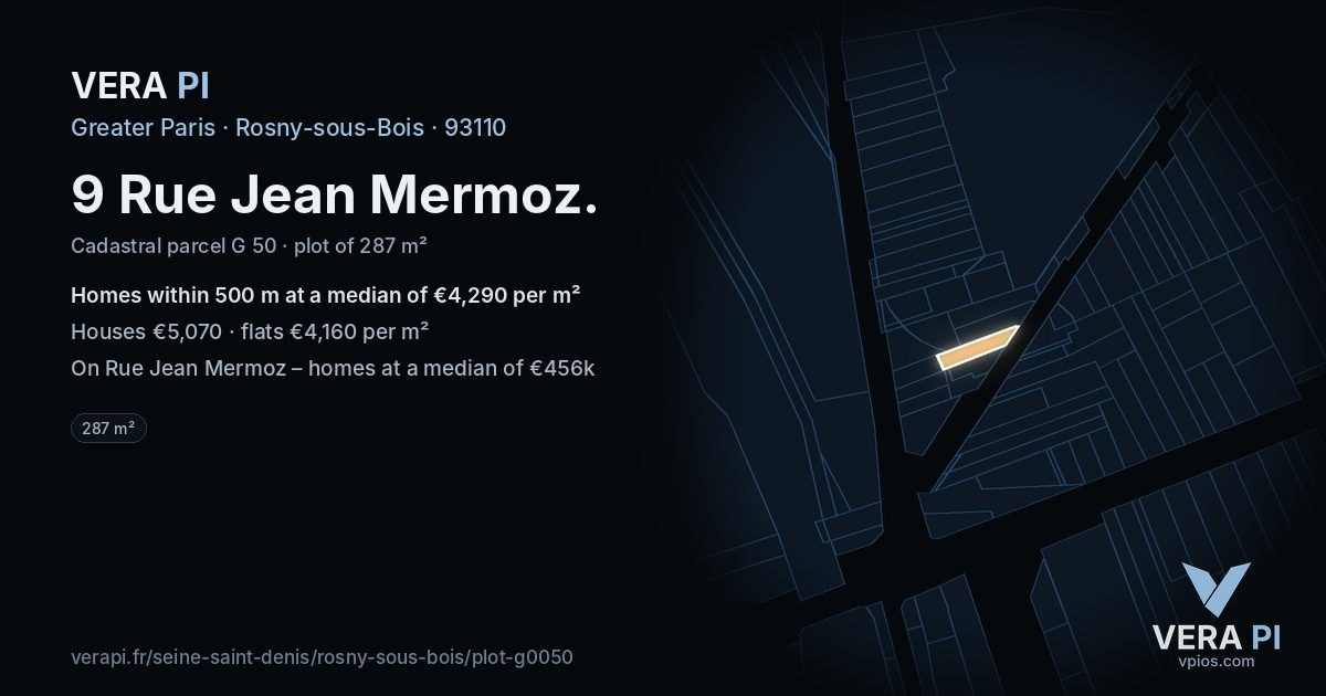 9 Rue Jean Mermoz, Rosny-sous-Bois at night – the plot lit, the parcels around coloured by the prices near them