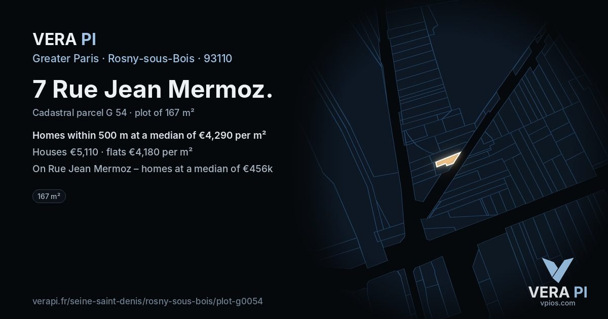 7 Rue Jean Mermoz, Rosny-sous-Bois at night – the plot lit, the parcels around coloured by the prices near them