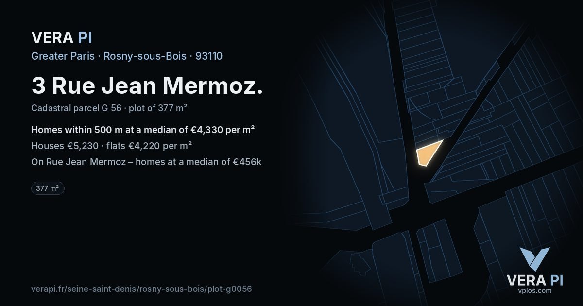 3 Rue Jean Mermoz, Rosny-sous-Bois at night – the plot lit, the parcels around coloured by the prices near them