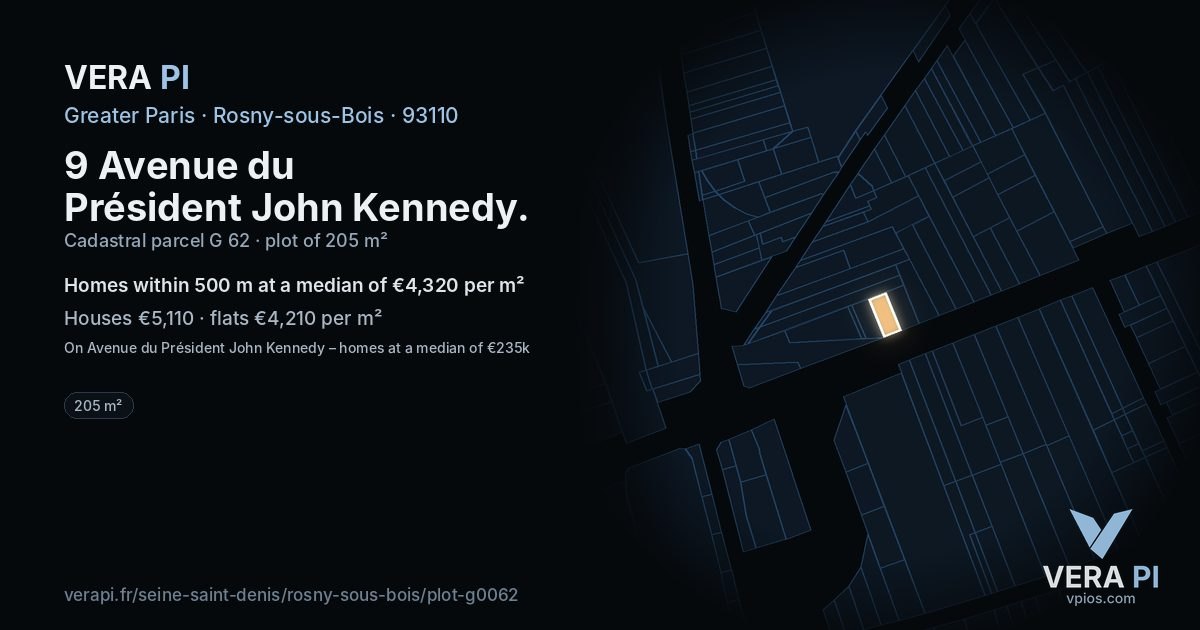 9 Avenue du Président John Kennedy, Rosny-sous-Bois at night – the plot lit, the parcels around coloured by the prices near them